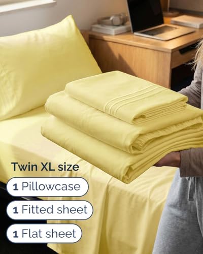 Twin XL Size 3 Piece Sheet Set - Comfy Breathable & Cooling Sheets - Yellow