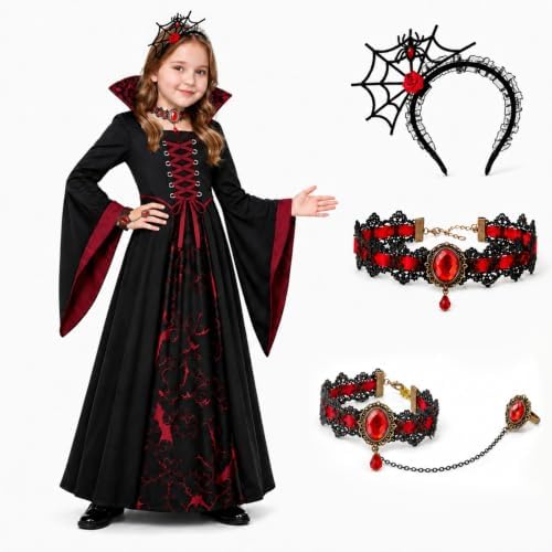 Doloowee Girls Vampire Costume 4-Piece Halloween Dress Up Outfit Ages 3-12