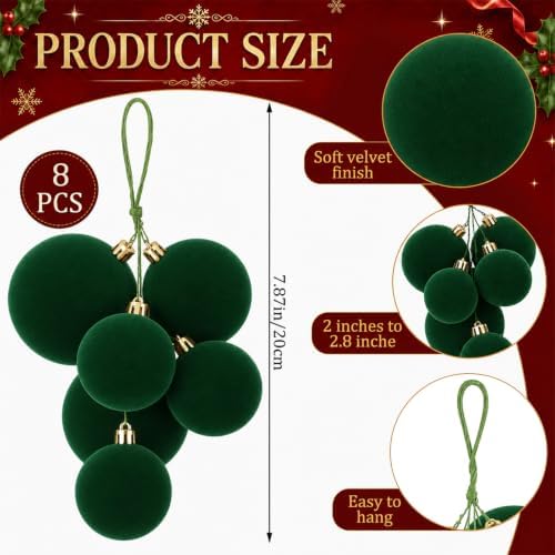 Roowest 8 Sets Large Green Velvet Christmas Ball Clusters Ornaments Decor