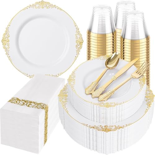 Hioasis 350 Pcs White Gold Plates for Wedding