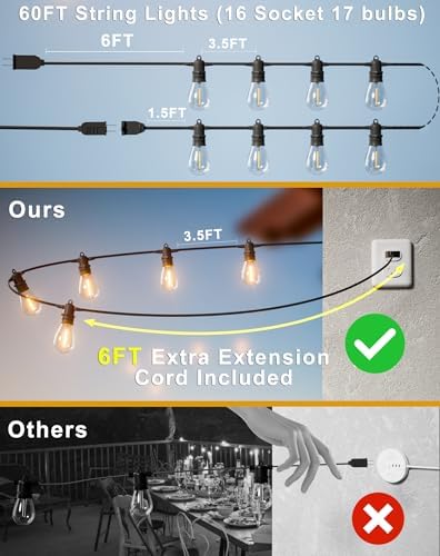 60FT LED Outdoor String Lights with 16+1 Edison Shatterproof Waterproof Bulbs, 2700K Commercial Grade Patio Lights, Heavy Duty Outside Hanging for Garden Porch Deck Decor