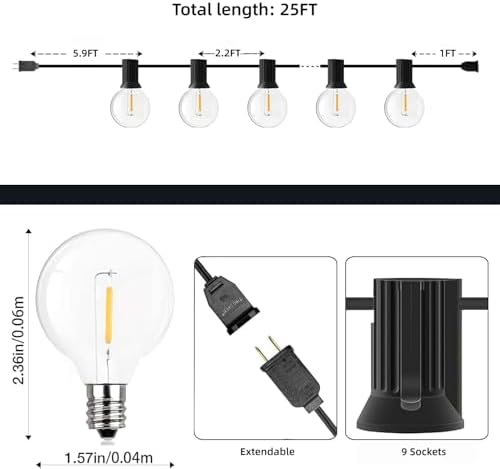 GPATIO Outdoor String Lights, 25FT G40 Bulbs Shatterproof Patio Lights, Waterproof Dimmable Hanging Outdoor Lights, Connectable LED Outside Lights for Backyard Yard Gazebo Porch Party