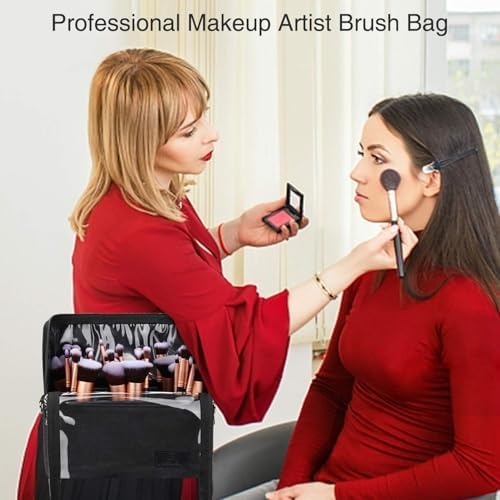 Makeup Brush Bag, Makeup Brush Holder Travel Stand-up Makeup Cup Large Makeup Brush Organizer Case Professional Cosmetic Bag Artist Storage Bag with Adjustable Divider (Large, Black)