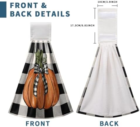 Pumpkin Plaid Bow Kitchen Hanging Towel Set of 2 Black White Buffalo Check Maple Leaves Hand Towels with Hanging Loops Thanksgiving Oven Stove Dish Washcloth Soft Absorbent Bath Tie Towel