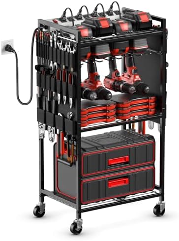 JUNNUJ Power Tool Organizer Cart with Charging Station, 6 FT Cord, Black