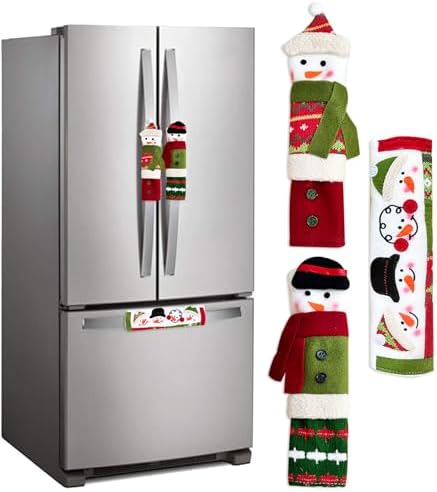 PTFNY 3 Piece Set Christmas Snowman Refrigerator Door Handle Covers Appliance Handle Covers Christmas Decorations Fits Standard Size Kitchen Refrigerator Microwave Oven Or Dishwasher