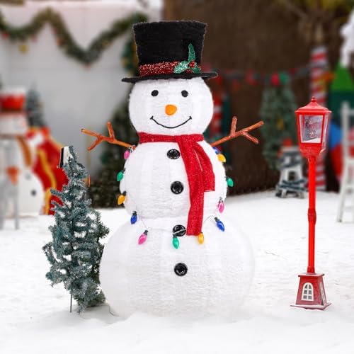 VINGLI 4FT Pop up Snowman Christmas Decorations, Outdoor Snowman Lighted with Tall Hat, Cute Branch Hands for Xmas, Snowman Ornaments with Pre-lit Lights Decor for Indoor Yard Lawn Porch, Plug in