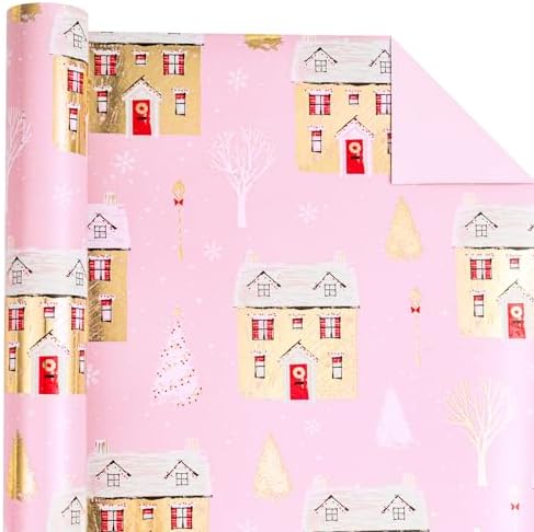 WRAPAHOLIC Reversible Christmas Wrapping Paper - Mini Roll - 17 Inch x 33 Feet - Pink House and Solid Pink Wrapping Paper with Metallic Foil Shine for Chrsitmas, Holiday, Party