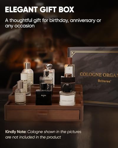 Cologne Organizer for Men, 3 Tier Wooden Cologne Stand with Drawer Storage and Hidden Compartment, Perfume Display Holder for Dresser, Great Gifts for Him Dad Fathers, Brown