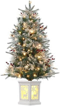 3FT Pre-Lit Artificial Mini Christmas Tree, Small Flocked Christmas Trees