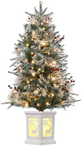 3FT Pre-Lit Artificial Mini Christmas Tree, Small Flocked Christmas Trees