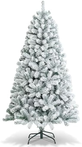 HAPPYGRILL 6 Feet Flocked Christmas Tree Artificial Xmas Tree with 600 PVC Branch Tips, Hinged Xmas Tree Life-Like Seasonal Holiday Tree for Home Office