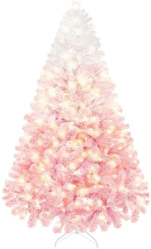 Yaheetech 6ft Prelit Flocked Christmas Tree, Pink & White, 250 Lights