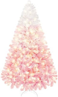 Yaheetech 6ft Prelit Flocked Christmas Tree, Pink & White, 250 Lights