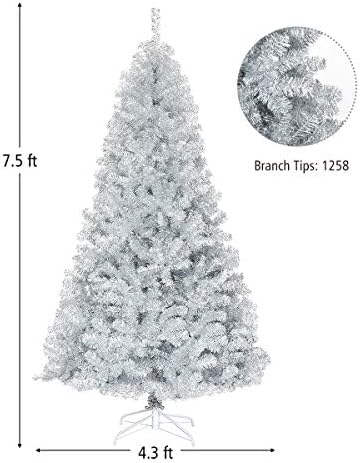 Happygrill 7.5 FT Christmas Tree Silver Tinsel Xmas Tree with 1258 Branch Tips Metal Stand Artificial Hinged Christmas Tree for Indoor and Outdoor