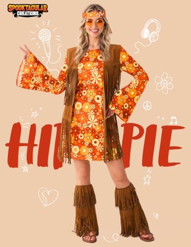 Spooktacular Creations Halloween Orange Hippie Costume Women, Costume for Women, 70s Outfit for Halloween Party