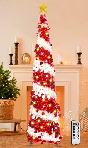 HISFFOG 5FT Pop Up Christmas Tree with 8 Rmote Lights Modes - Dual Color Sequin Tinsel Christmas Tree, Collapsible Artificial Pencil Christmas Trees Decorations for Home, Apartment, Office, Party