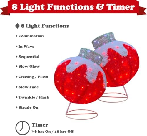 Lighted Christmas Balls Outdoor Decorations, 2pcs Pop-Up Red Christmas Décor Balls Prelit 160 Lights with 8 Flashing Effects, Collapsible Light Up Hanging Lanterns Plug-in for Home Yard Party-Red