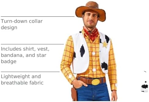 Cowboy Sheriff Costume Men's Plaid Button Down Shirt with Vest Bandana Star Badge Halloween Sheriff Cosplay Outfits