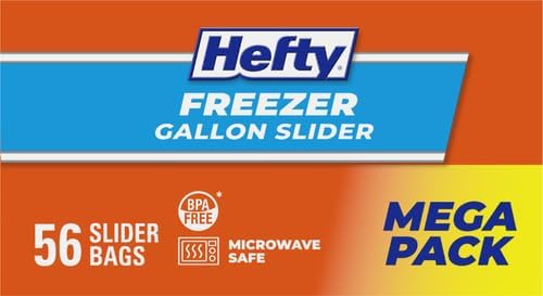Hefty Slider 1 Gallon Freezer Bags, Gallon Slider Bags for Freezer, Holds Raw Meat, Soups, Prepped Fruits and Veggies, and More, Writable Label, Secure Zip_and Click Closure 56 Count (Pack of 4)
