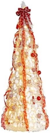 VINGLI 7ft Pop up Artificial Christmas Pine Tree with 170 Warm White Lights, Xmas Tree Holiday Party Decorations with Sturdy Metal Stand (Red&White)