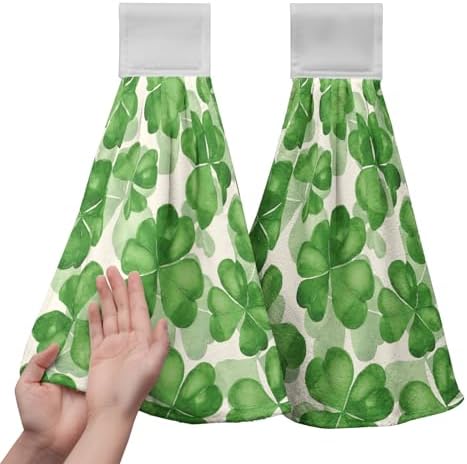 St Patricks Day Clover Hanging Kitchen Towel Green Lucky Shamrocks Hand Towels with Loop Set of 2 Tea Bar Dish Cloths Soft Absorbent Durable Tie Towel for Bathroom Decor 12 x 17 in