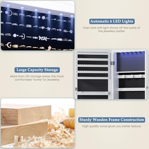 DUMOS 6 LEDs Mirror Jewelry Cabinet, Wall or Door Mounted Jewelry Organizer, 47.2-Inch Tall Lockable Large Capacity Cosmetic Storage, Gift Idea, White
