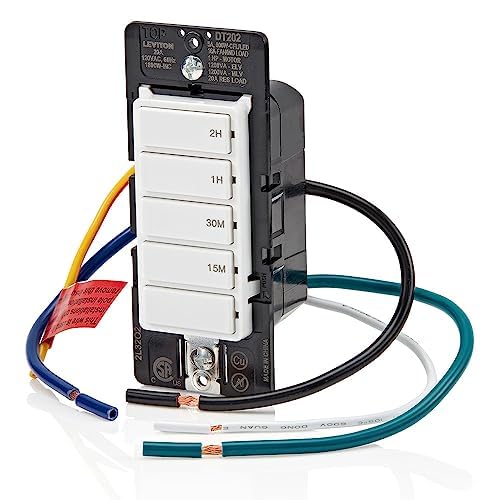 Leviton Countdown Switch for lights, attic, heaters, pool pumps, 15-30 min, 1-2 hour, Neutral Wire Required, 20A, 1 HP/16A Fan/Motor, Single Pole, Multi-Way or Multi-Timer, DT202-1LW, White