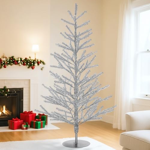 4ft Silver Tinsel Christmas Tree, Retro Aluminum Christmas Tree