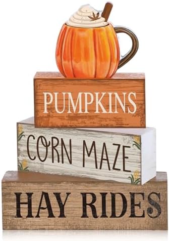 Lineshading 4 Pcs Fall Tiered Tray Decor, Wooden Pumpkin Farmhouse Signs