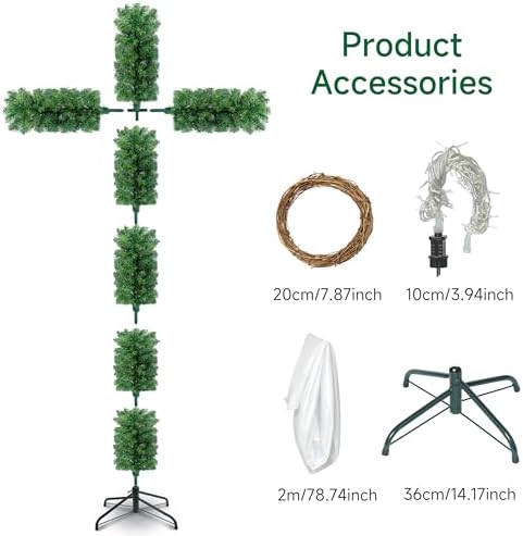 6ft Skinny Cross Christmas Tree with 33ft Plug-in String Lights(100 Bulbs) & White Silk Scarf & Crown of Thorns, Jesus Christ Catholic Cross Decor, Xmas Holiday Home Indoor Outdoor Decorations