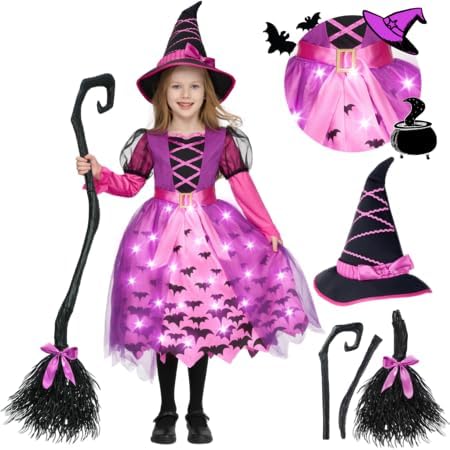 Spooktacular Creations Light Up Polka Dots Witch Tutu Costume for Girls Toddlers Starry Witch Dress with Magic Hat and Broom