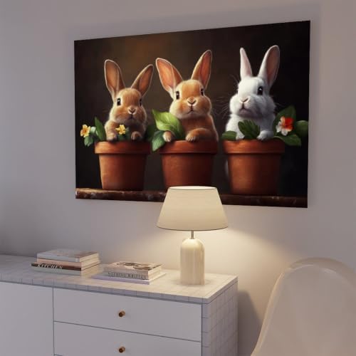 JDBeehpy Three Rabbits in Flowerpot Wall Art Painting Unframed 24x36inch