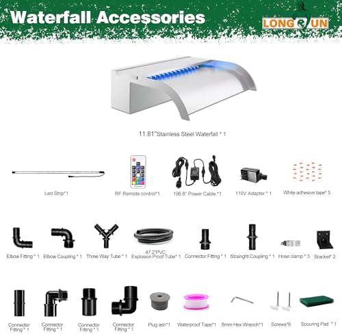 LONGRUN Pool Fountain Stainless Steel Outdoor Pond Spillway Waterfall with Wider Water Flow Platform Multi-Color LED Light Spray Indoor Waterfall Fountains for Garden-11.8"