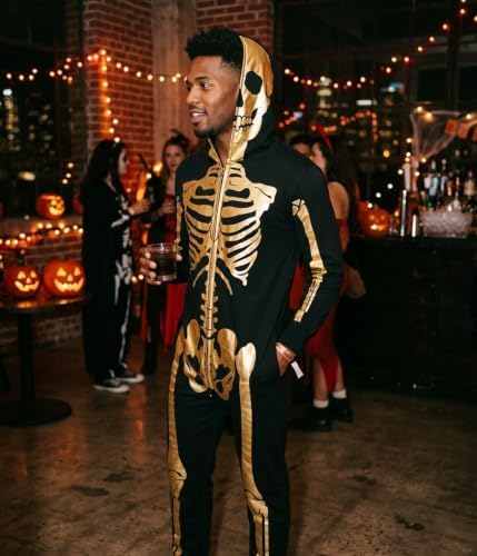 Tipsy Elves Men's Halloween Skeleton Costume Hooded Jumpsuit Adult Onesie