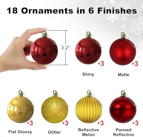 Red & Gold 3.2" Large Christmas Balls - Christmas Tree Decoration Ornaments Shatterproof Hanging Balls for Birthday Halloween Holiday Wedding Decorations Set of 18pcs