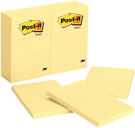3M Post-it Lined Original Notes, 4 x 6 Inches, Canary Yellow, Pack of 12
