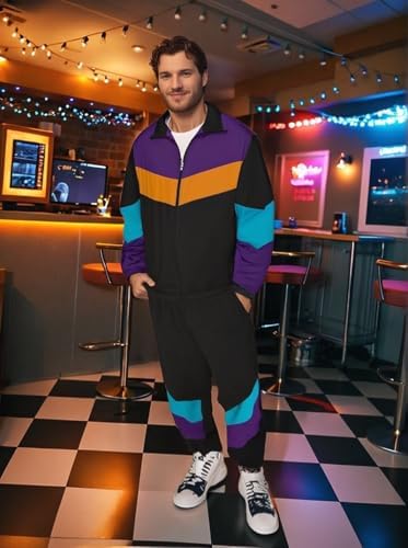 UOUA 80s Outfit for Men 90s Costumes 2 Piece Long Sleeve Track Suit Set