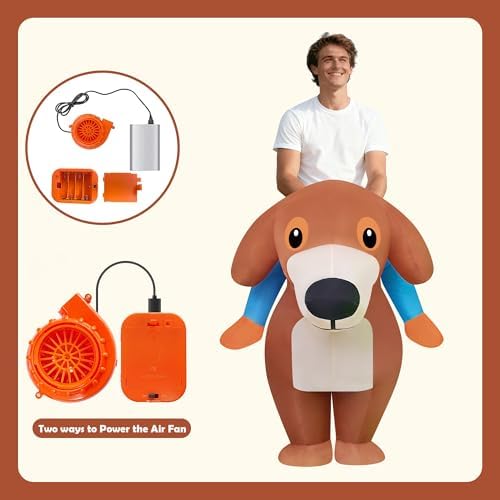 Adult Two Person Double Couple Riding Dachshund Dog Inflatable Costume Quick-Inflate Air Blow Up Outfit for Halloween Christmas Theme Party Team Building