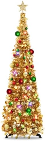 Pop Up Christmas Tree with Lights & Ornaments, 5FT, Champagne Gold