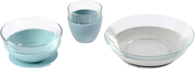 BEABA 3-Piece Glass Meal Set with Suction Pad, Toddler Plate and Baby Bowls with Suction, Non Slip Kids Dinnerware Set, 2.5x Stronger than Regular Glass, (Rain)