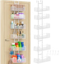 Hongtamoya Over The Door Organizer, Metal Hanging Door Organizer with 6 Adjustable Baskets and 5 Hooks, Behind The Door Storage for Closet Cabinet Kitchen Bathroom Bedroom Pantry Door Organizer, White