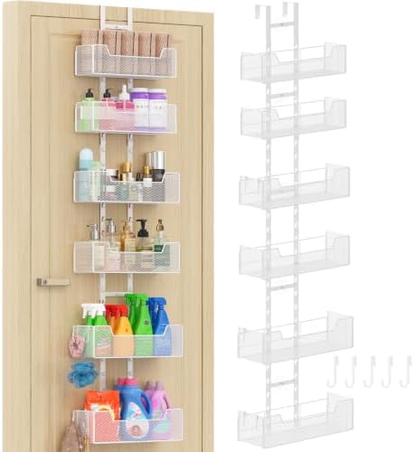 Hongtamoya Over The Door Organizer, Metal Hanging Door Organizer with 6 Adjustable Baskets and 5 Hooks, Behind The Door Storage for Closet Cabinet Kitchen Bathroom Bedroom Pantry Door Organizer, White