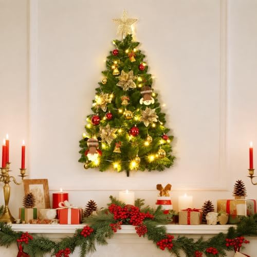 3 FT Wall Christmas Tree, Dark Green Half Christmas Tree Wall Hanging, DIY 1/2 Chrismas Tree for Window with Lights, Ornaments and Hooks, Hainging Xmas Tree for Door, Pet Owners Xmas Decor