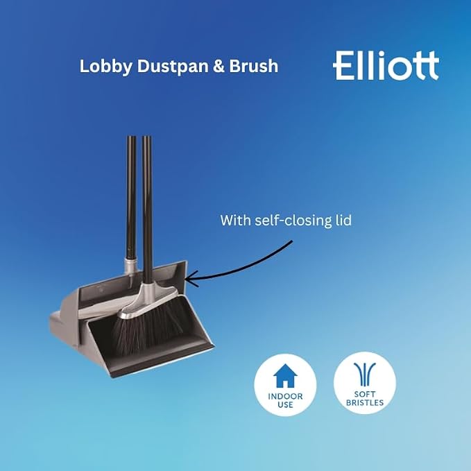 Elliott Basic Lobby Dustpan and Brush Set,Upright Sweeping Broom and Dust Pan Set Ideal for Home use,Supplied with Grey Plan and Black Handles