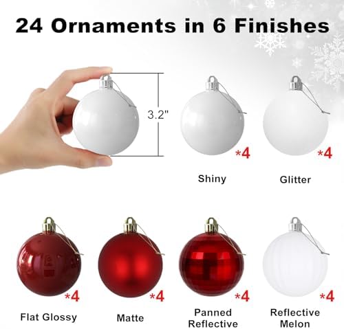 Red & White 3.2" Large Christmas Balls - Christmas Tree Decoration Ornaments Shatterproof Hanging Balls for Birthday Halloween Holiday Wedding Decorations Set of 24pcs