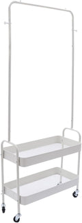 Clothing Rack, Portable Hanging Storage Organizer Garment Rack Clothing Racks with 2 Tier Basket Floor Standing Clothing Rack with Wheels for Home Bedroom Laundry (White)
