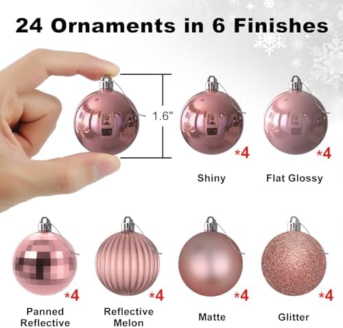 Rose Gold 1.6" Small Christmas Balls Christmas Tree Decoration Ornaments Shatterproof Hanging Balls for Birthday Halloween Holiday Wedding Decorations Set of 24pcs