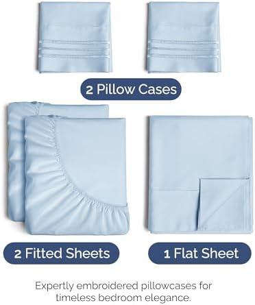 Split King Size 5 Piece Sheet Set - Breathable & Cooling Sheets - Sky Blue