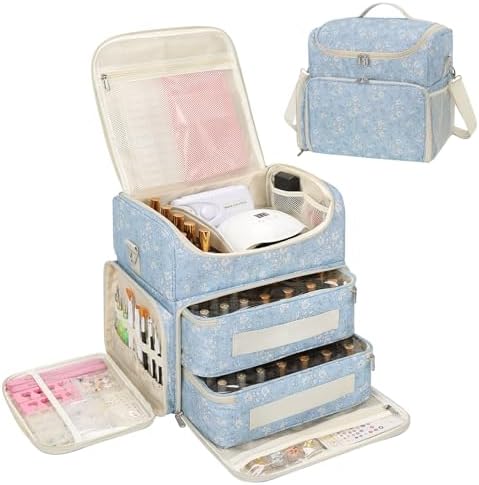 CUBETASTIC Extra Large Nail Polish Organizer Case Holds 86 to 100+ Bottles Nail Polish & Nail Lamp, Nail Supplies Storage Carrying Bag with 2 Removable Pouches, White Floral in Blue